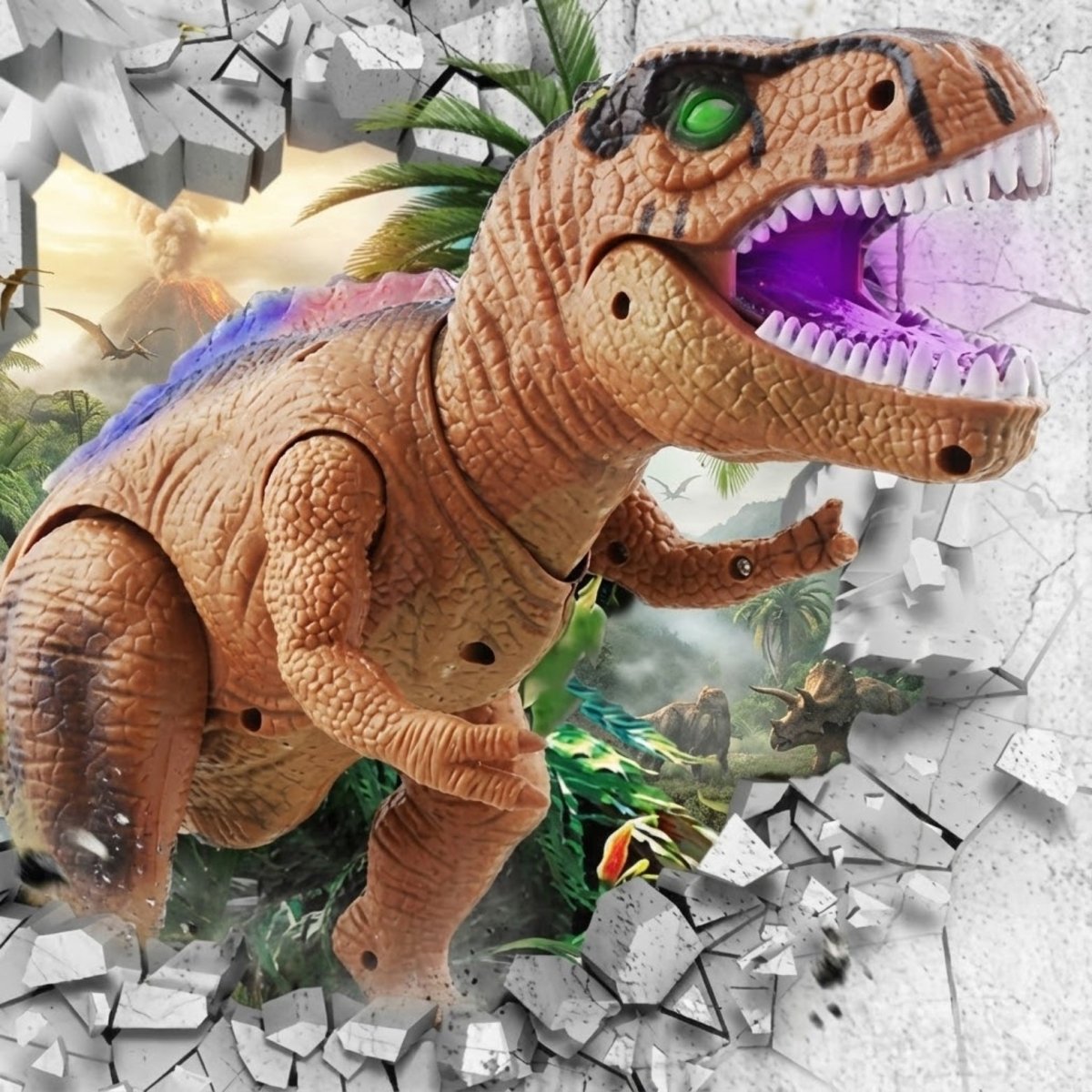 An orange remote control T-Rex dinosaur toy with multi-colored LED back lights and green glowing eyes, posed next to its black remote control by a stream in a detailed jungle.