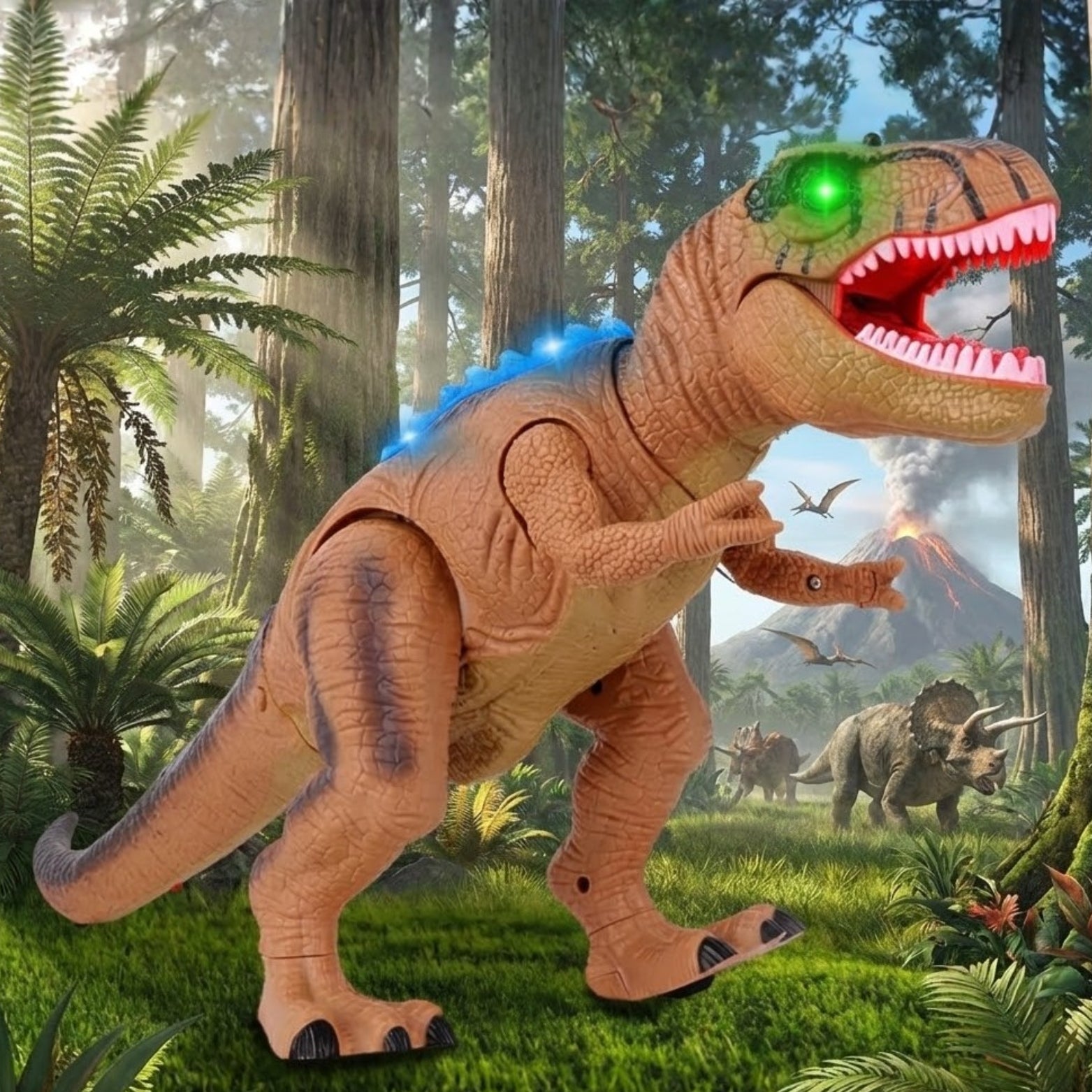 An orange remote control T-Rex dinosaur toy with multi-colored LED back lights and green glowing eyes, posed next to its black remote control by a stream in a detailed jungle.
