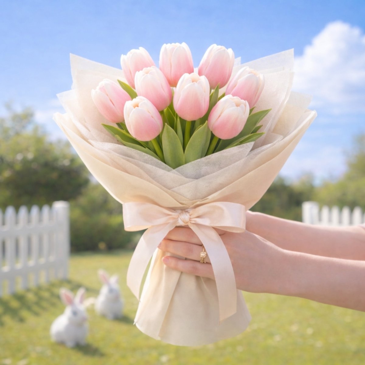 Hands hold a substantial and tightly packed bouquet of soft pale pink tulips tied with a ribbon. The grassy lawn background features a white picket fence and two white rabbit figurines.