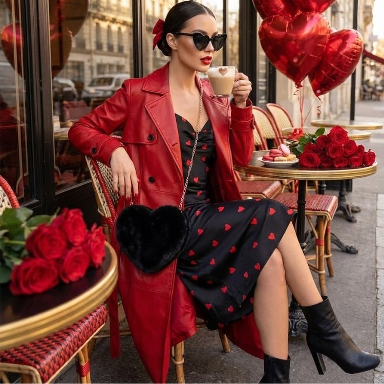Full view of a stylish woman in sunglasses and a red coat sitting at a cafe in Paris, holding a coffee and wearing a black faux fur heart-shaped bag with red roses and balloons in the background.