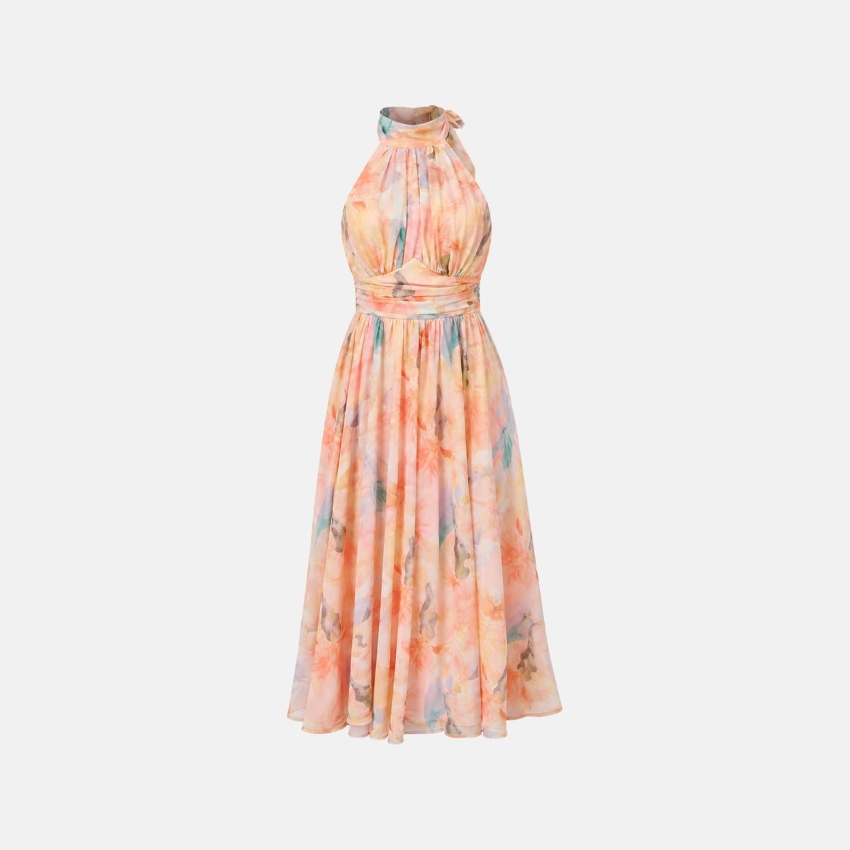 Front flat lay view of the pastel peach floral pleated halter neck midi dress