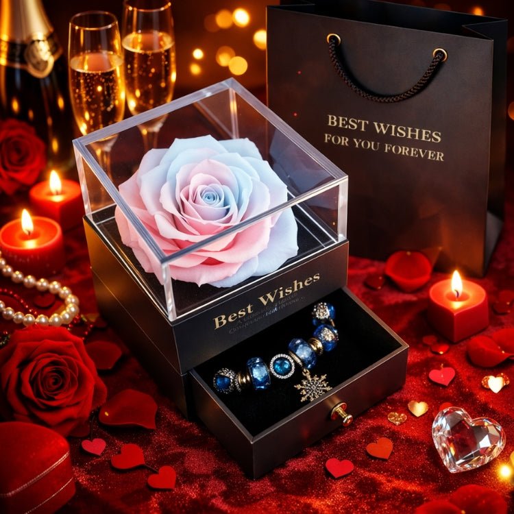 Pastel pink and light blue ombre preserved rose in a luxury black gift box with jewelry