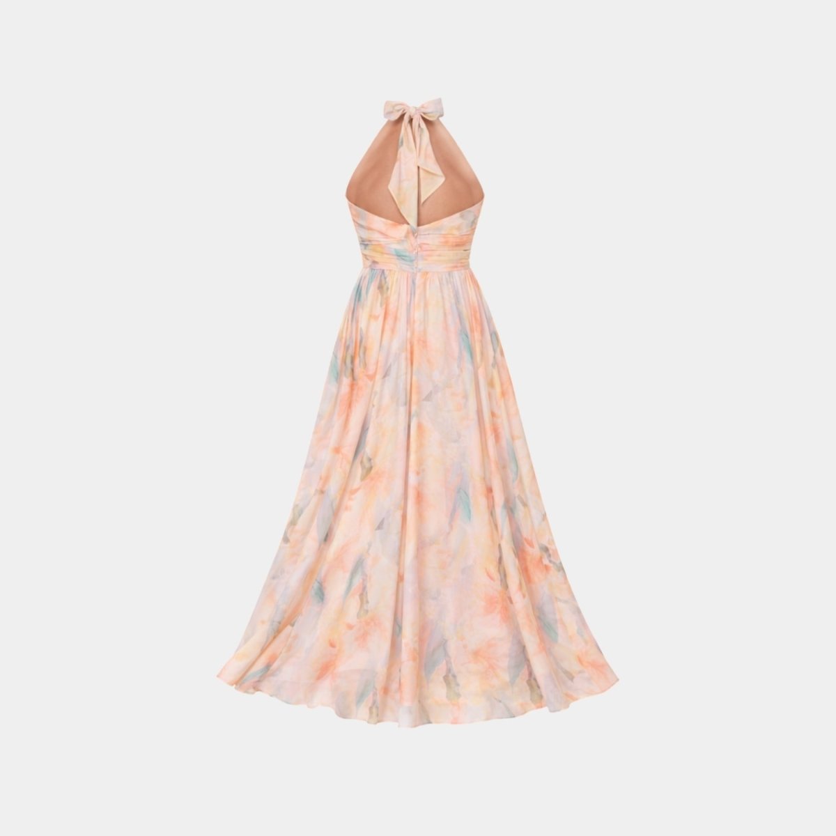 Ghost mannequin back view of the sleeveless watercolor floral maxi dress detailing the back bow tie.