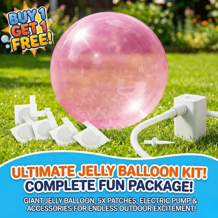 Pink giant inflatable bubble ball displayed on a lawn with a white electric pump and accessories, featuring a buy one get one free offer.