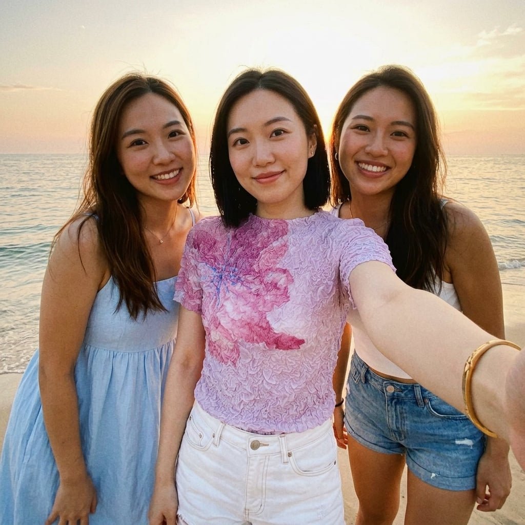 Three friends taking a selfie on the beach at sunset, center woman wearing Kouvr pink floral statement top