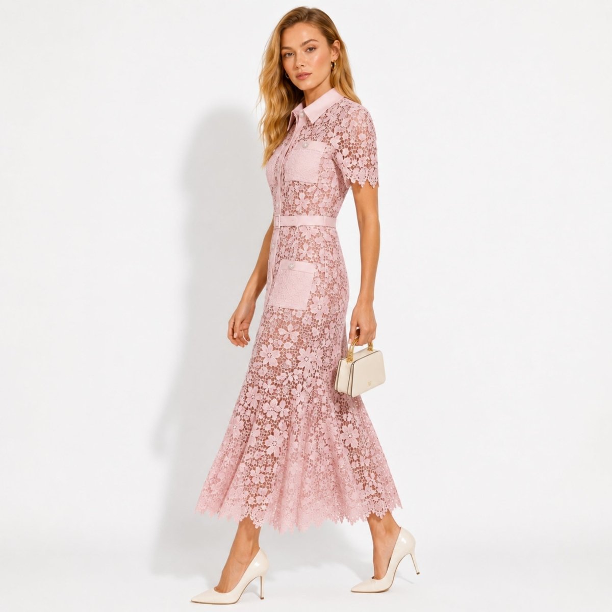 Elegant blush pink lace belted shirt dress side profile view showing sheer midi length skirt and patch pockets