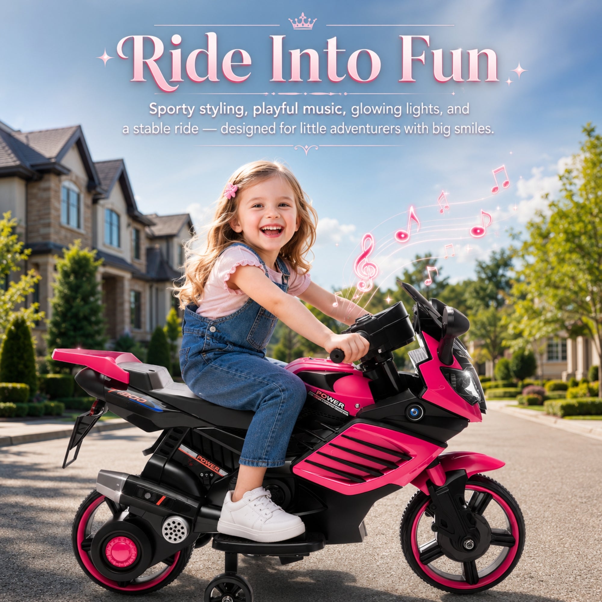 Smiling young girl having fun riding a bright pink Kouvr electric ride on motorcycle outdoors in a sunny neighborhood.