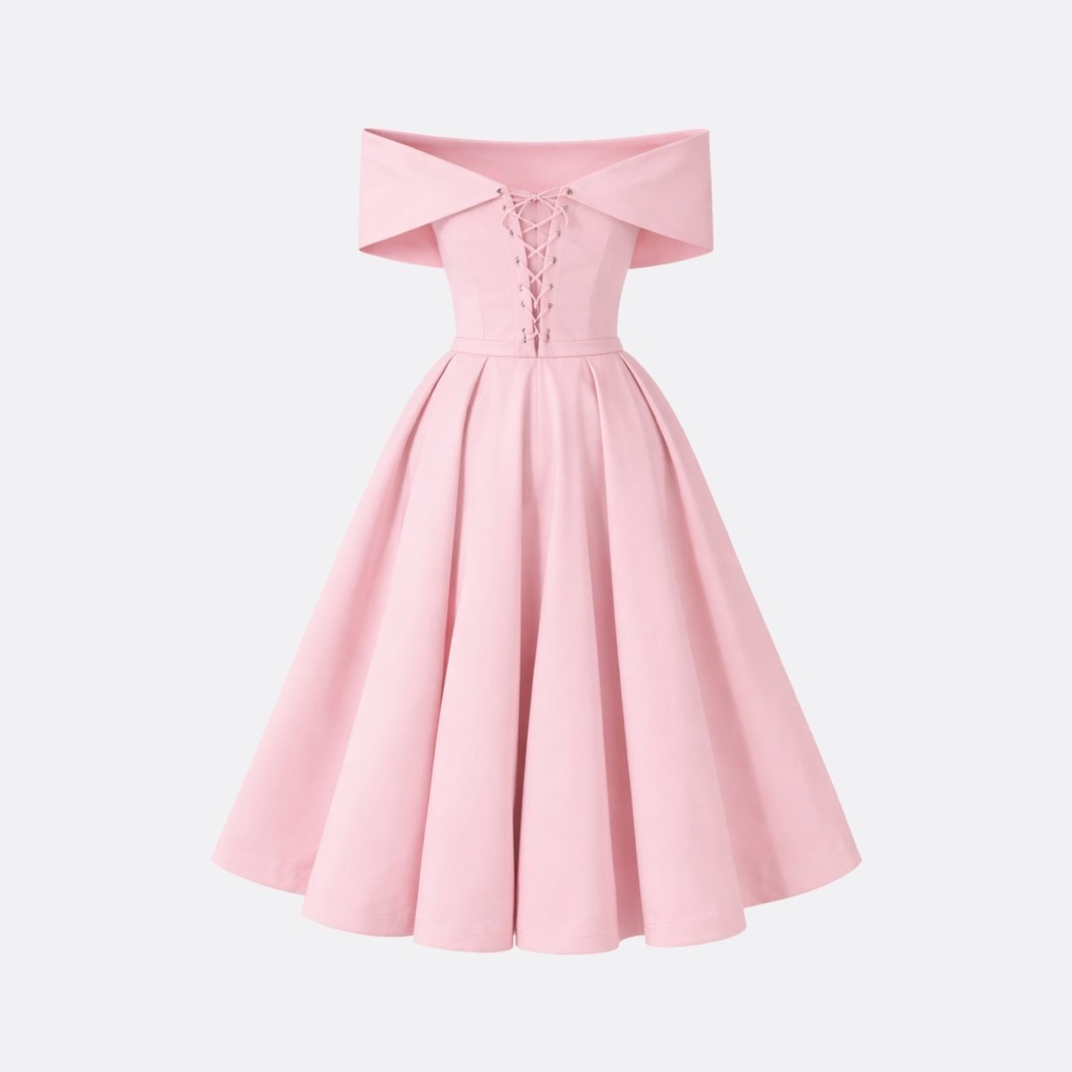 Back isolated view of pink cocktail dress showing corset lacing details