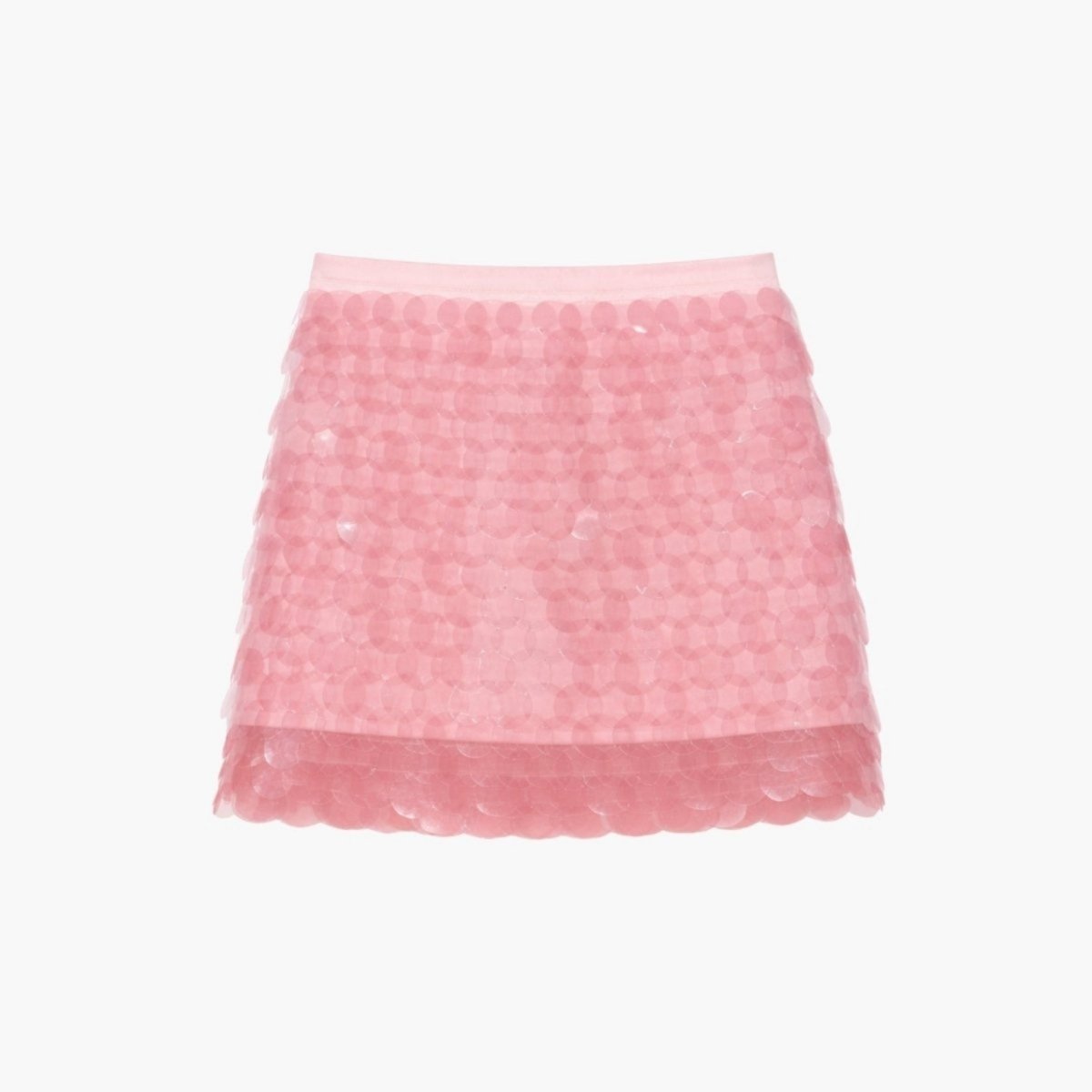 Back flat lay product shot of a pink sequin party skirt highlighting the translucent layered mesh hem and reflective disc details.