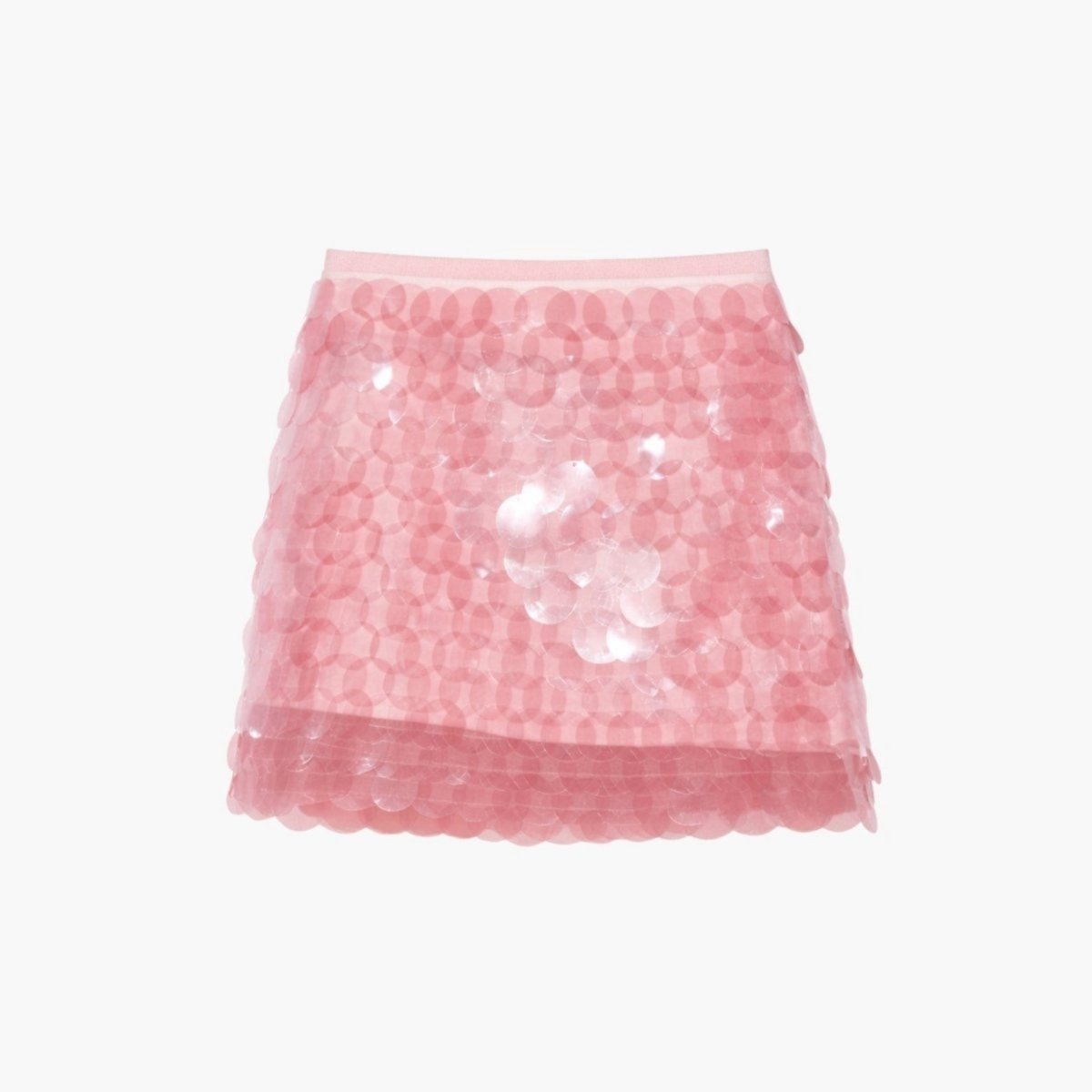 Front flat lay product shot of a pink sequin party skirt with a solid banded waist and allover large paillette embellishments.