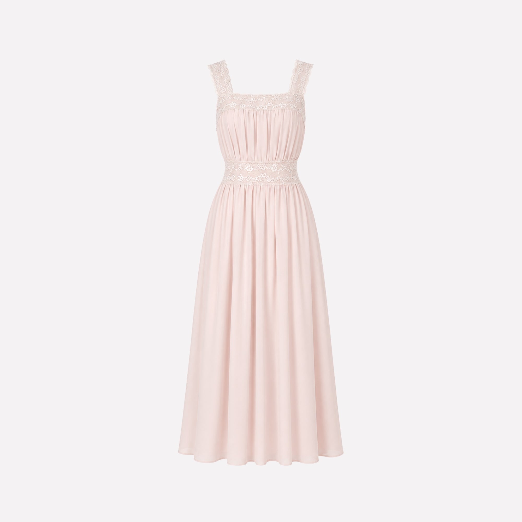 Ghost mannequin view of women's premium blush pink chiffon midi dress with lace detailing
