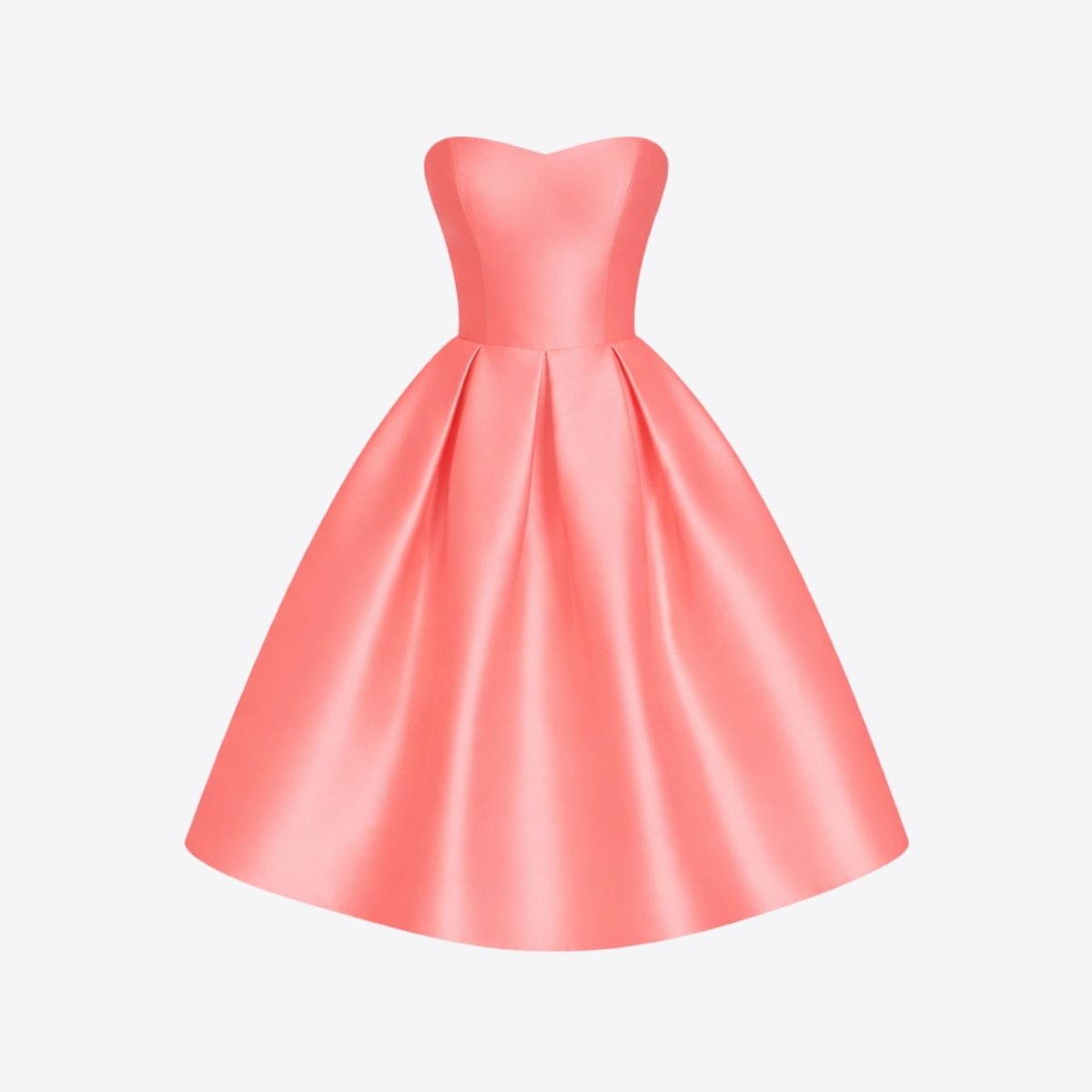 Studio ghost mannequin front view of the Kouvr strapless sweetheart coral pink satin midi dress.
