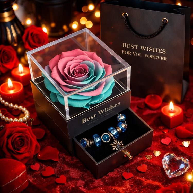 Pink and teal ombre preserved eternal rose in a luxury jewelry box with "Best Wishes" branding.
