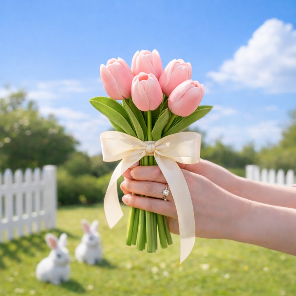 A close-up of a small bouquet of pink tulips held by both hands in front of a white picket fence. Two white rabbit figurines rest on the grass in the background with a blue sky overhead.