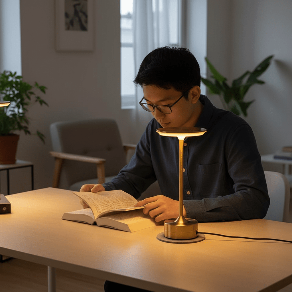 gold portable touch lamp used for outdoor patio lighting and evening reading, showcasing its wire-free design and aesthetic appeal.