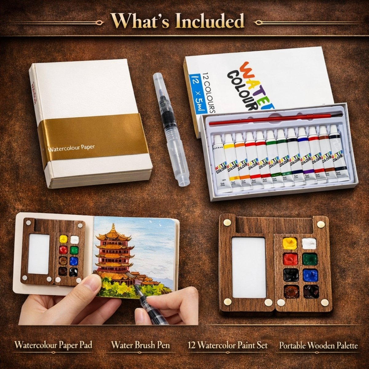 A complete overview of what's included in the travel watercolor kit, featuring the wooden palette, watercolor paper pad, water brush pen, and 12-color paint set.