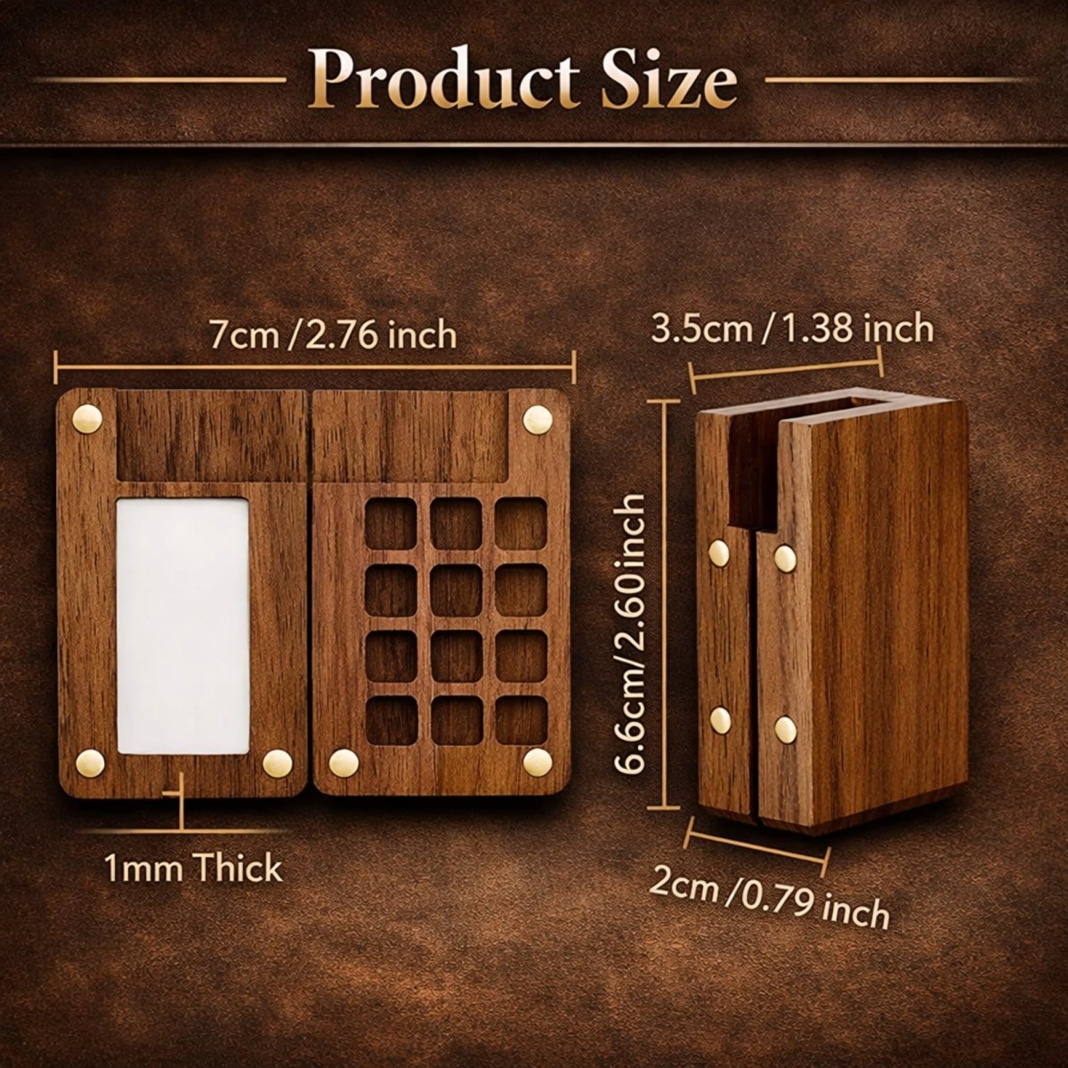 A product infographic detailing the dimensions of the portable wooden watercolor palette, showing measurements for the open, folded, and compact case configurations.