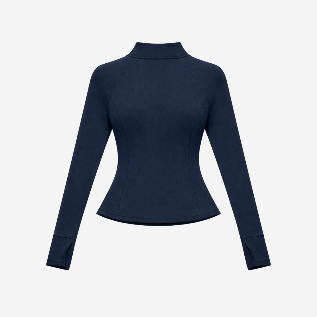 Studio flat lay back view of women's navy blue fitted mock neck track jacket