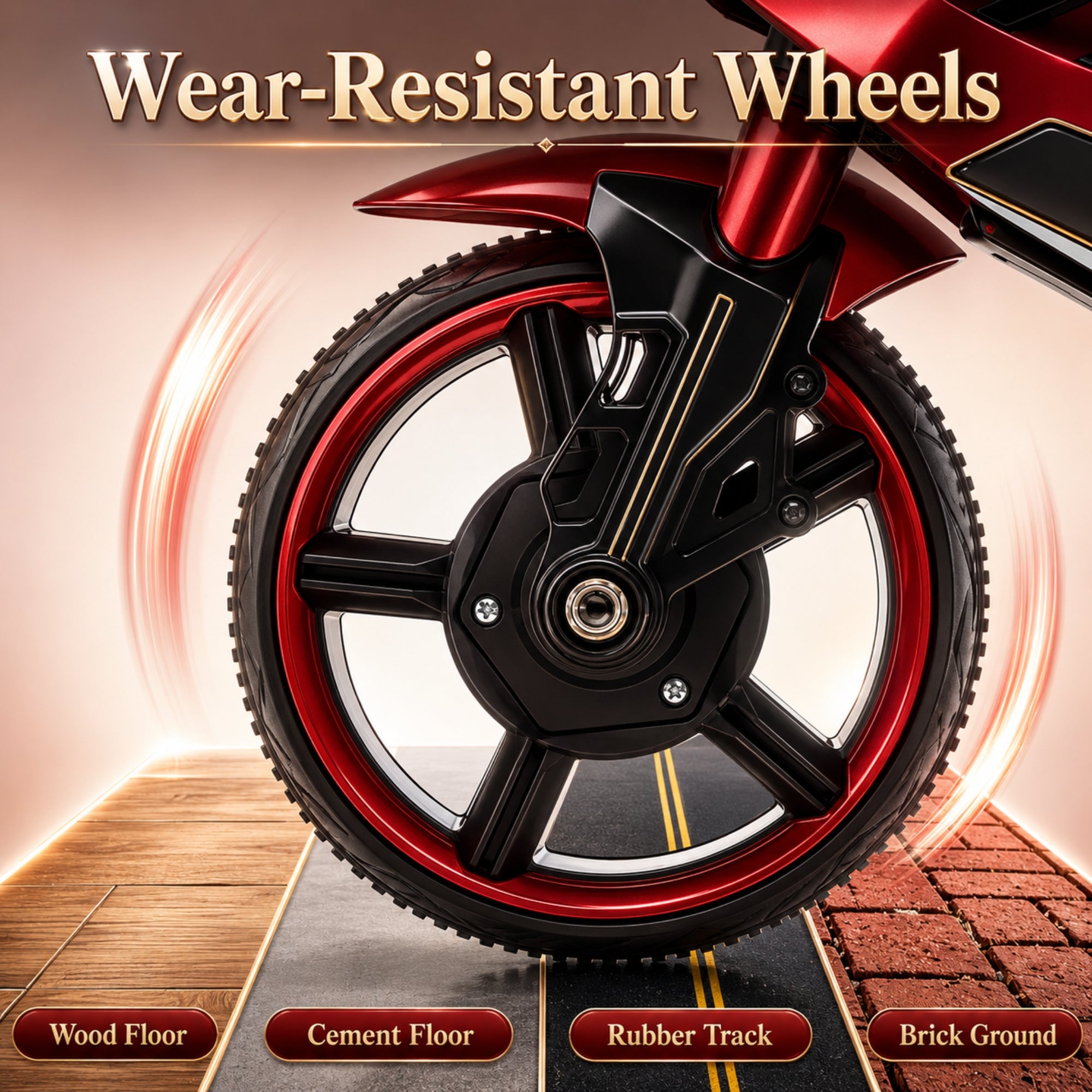 Close up of premium interactive dashboard on kids electric motorcycle featuring music controls, power button, and forward reverse switch.