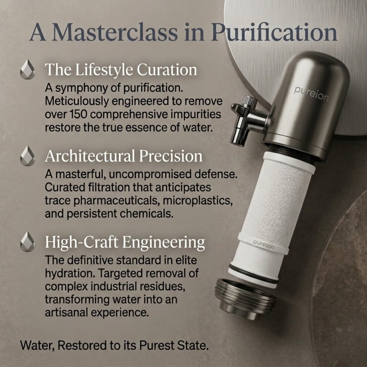 An exploded view of the Pureion filtration system highlighting architectural precision and removal of over 150 water impurities.