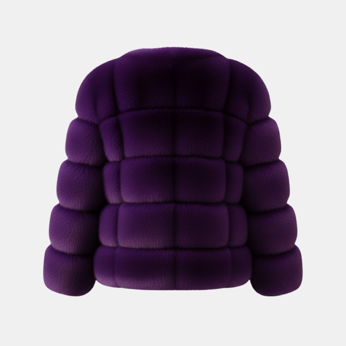 Back product shot of the Kouvr Fashion purple faux fur bomber-style jacket, showing the paneled construction.