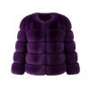 Front product shot of the Kouvr Fashion collarless cropped faux fur jacket in a deep purple color against a light grey background.