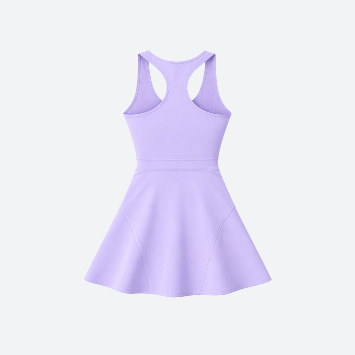 Flat lay studio shot of Kouvr lilac tennis dress back showing racerback cutout and activewear flared mini skirt.