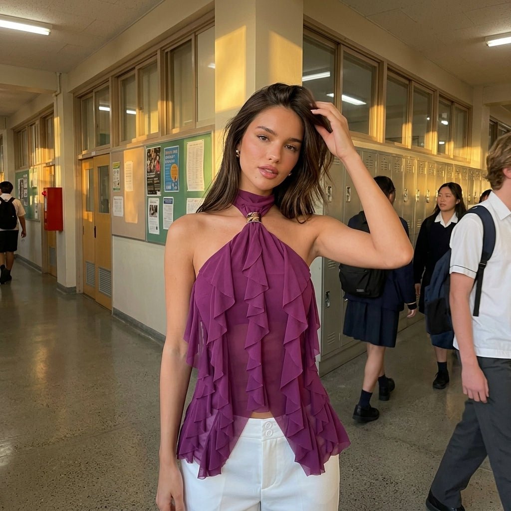 Lifestyle shot of stylish woman walking in a hallway wearing the purple cascading ruffle halter top.