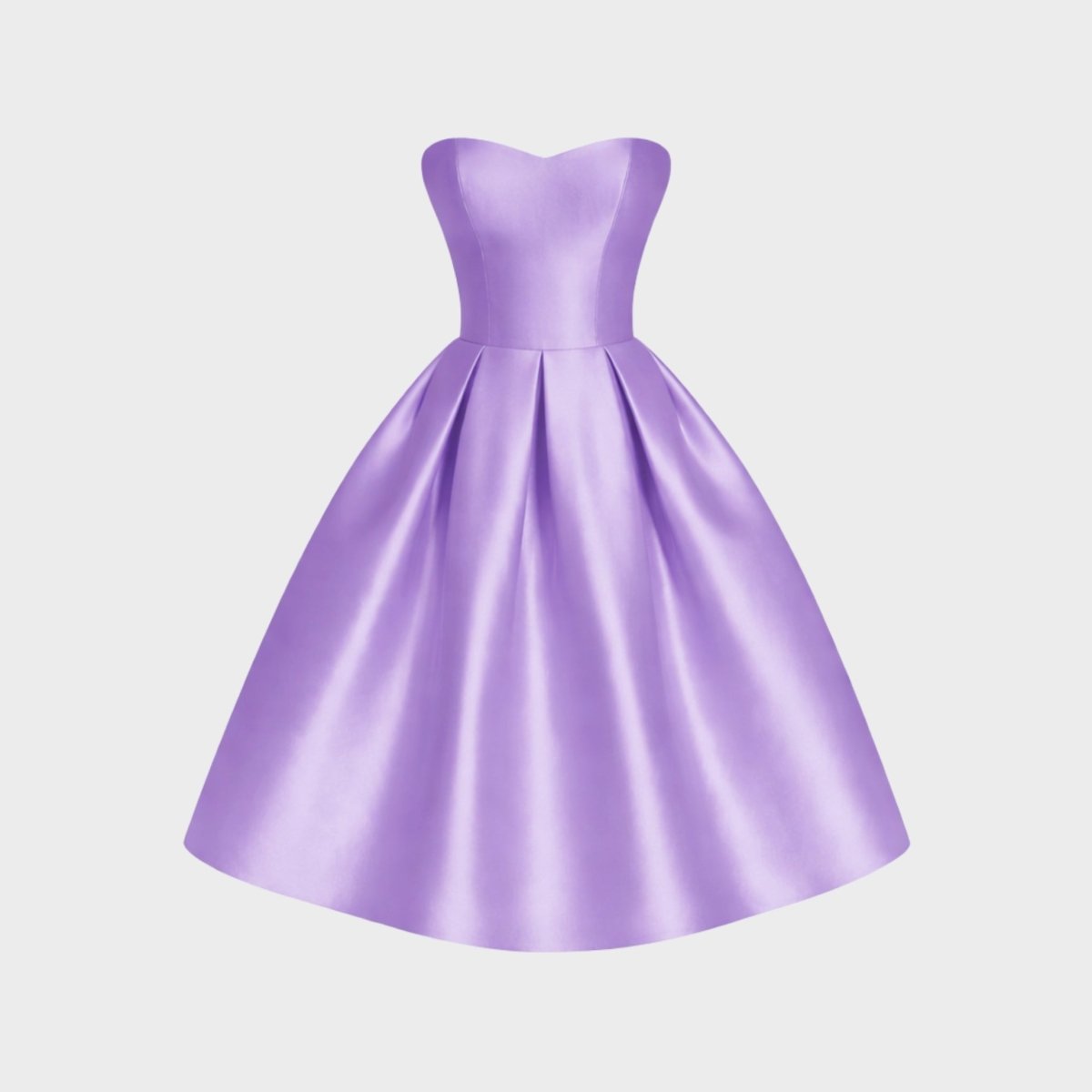 Ghost mannequin front view of the purple satin strapless sweetheart neckline midi dress.