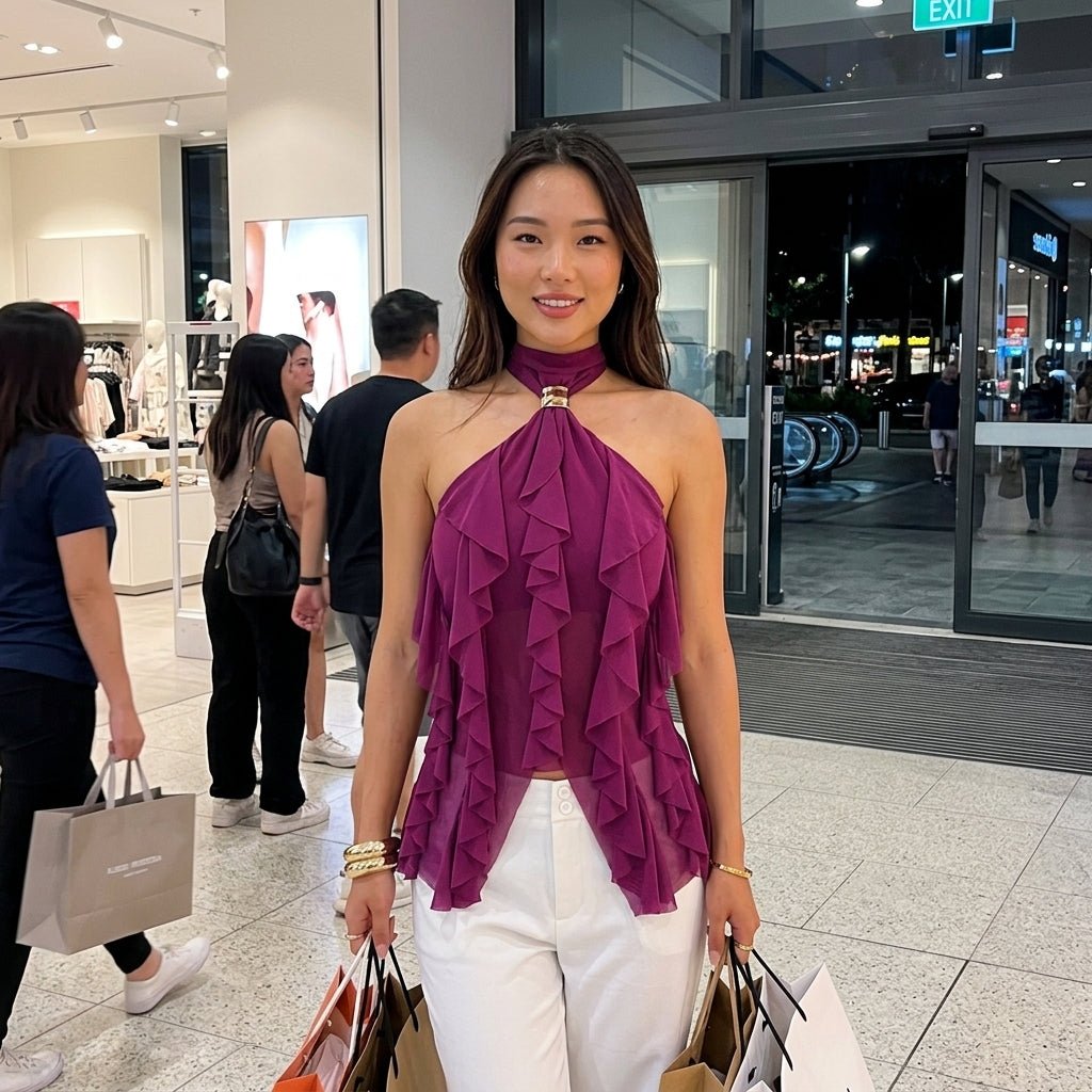 Woman smiling holding shopping bags wearing Kouvr magenta ruffle sleeveless top and white jeans.