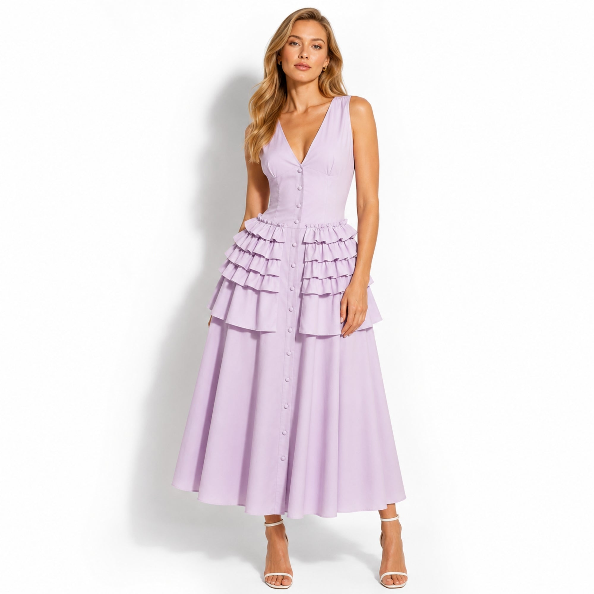 Front view of model wearing Kouvr luxury purple v-neck tiered ruffle button down midi dress for summer resort wear.