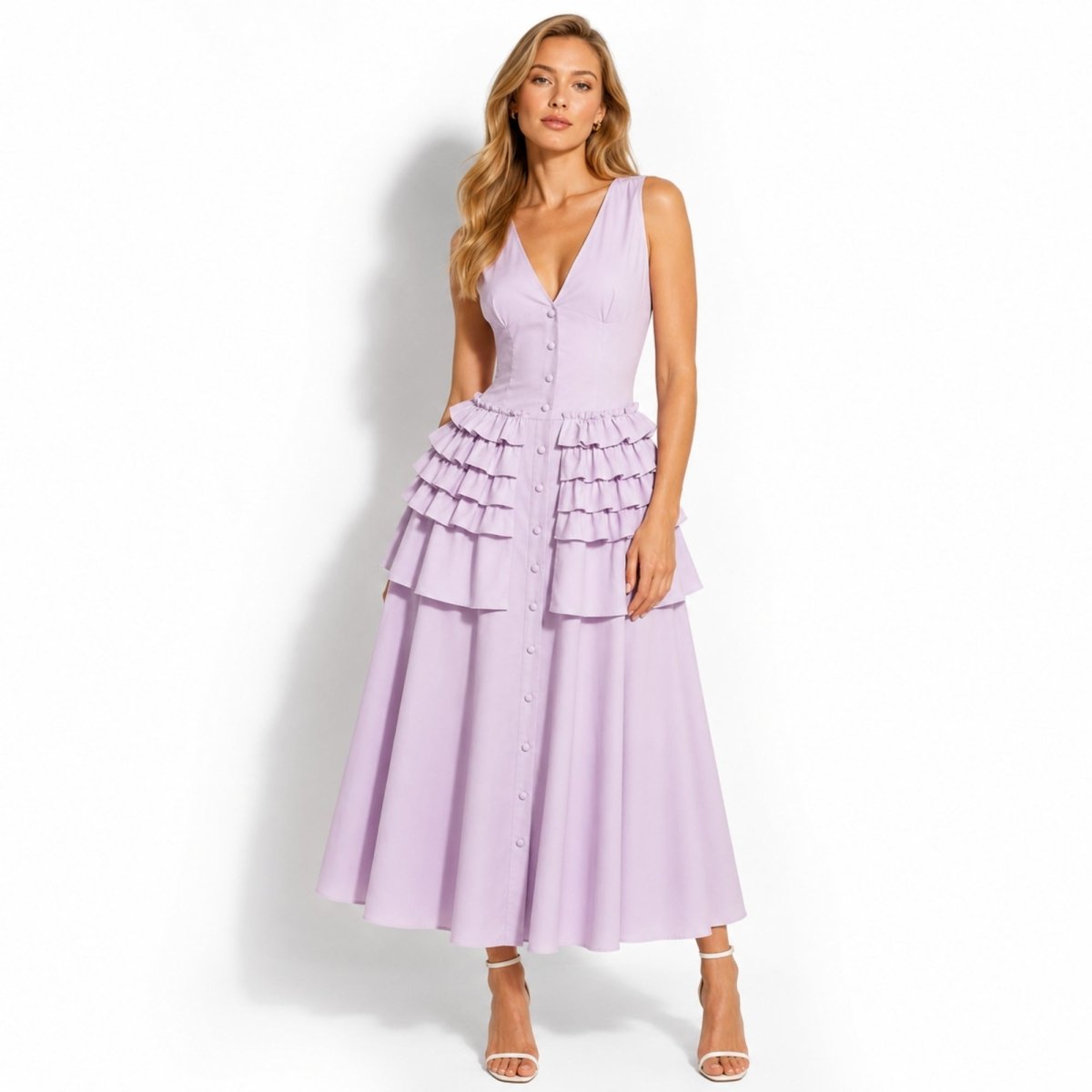 Front view of model wearing Kouvr luxury purple v-neck tiered ruffle button down midi dress for summer resort wear.