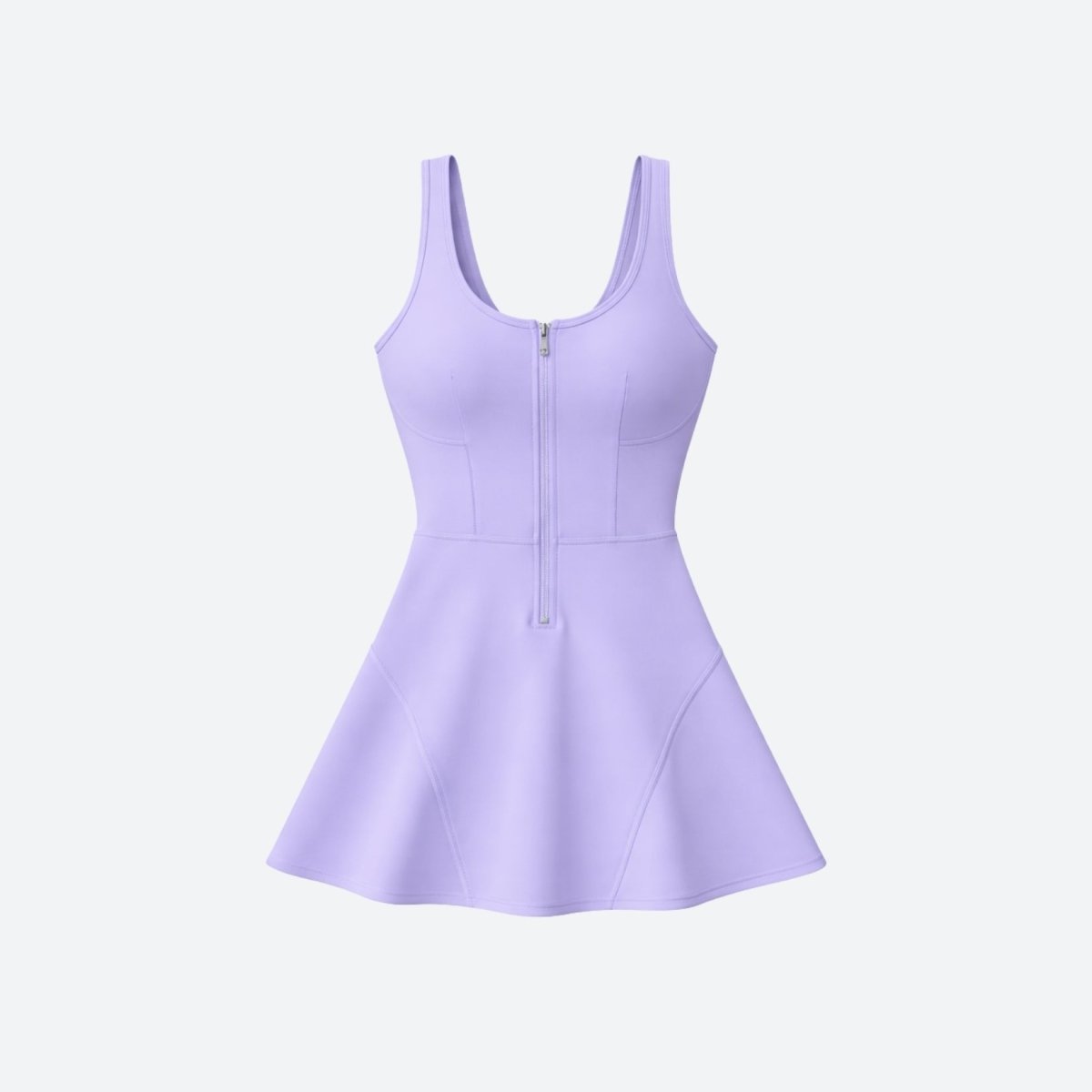Flat lay studio shot of Kouvr lilac zip front tennis dress showing bodice seaming and half-zip hardware detail.