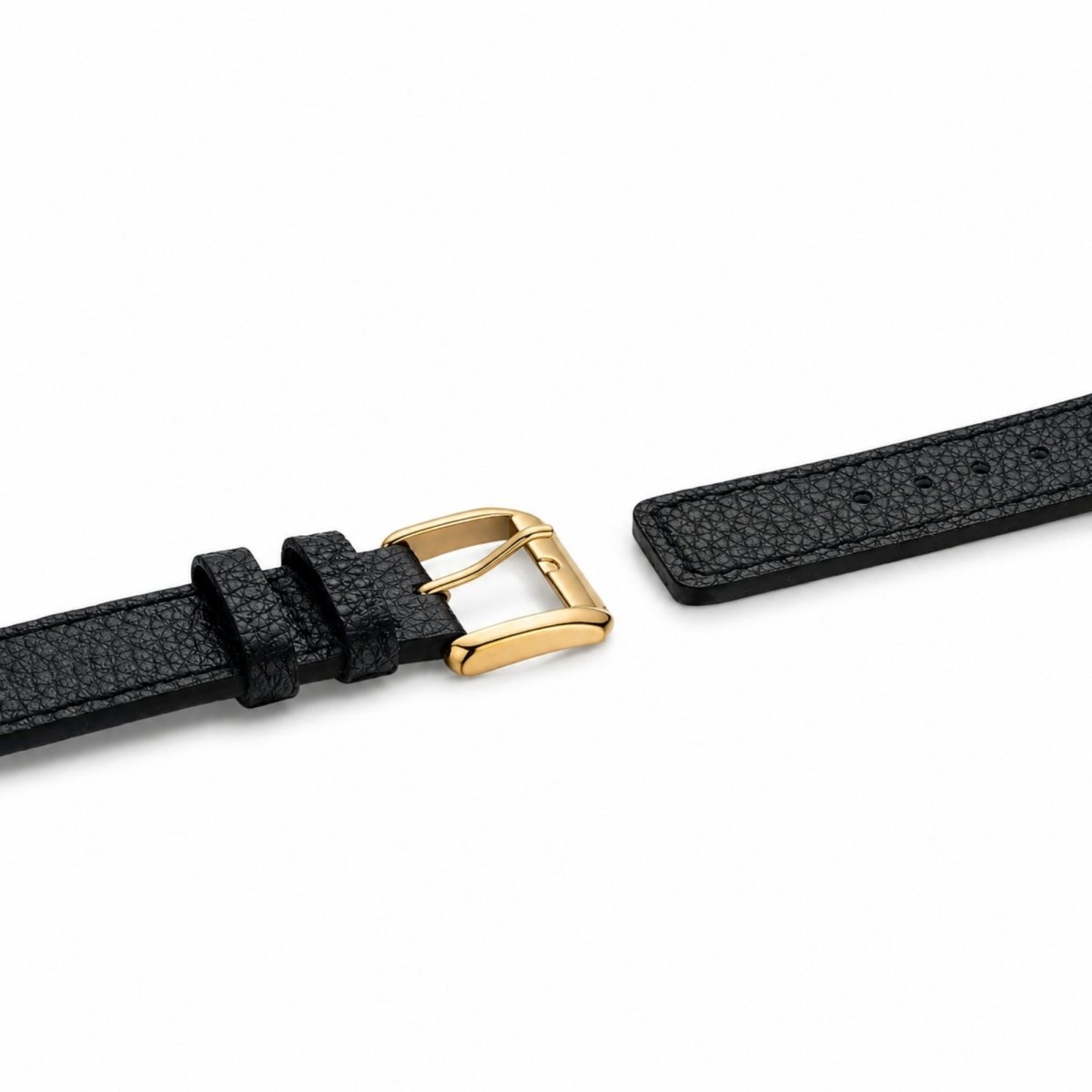 Close-up detail of the Kouvr watch's adjustable textured black real leather strap and polished gold-tone buckle hardware.
