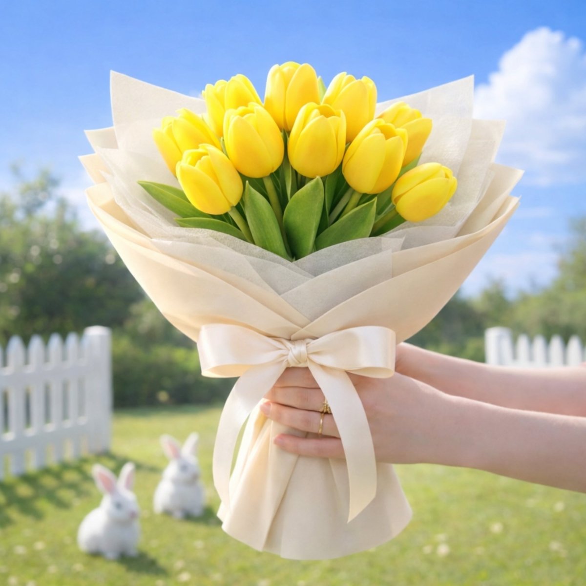 Both hands hold a large and tightly-packed bouquet of realistic yellow artificial tulips, tied with a cream-colored ribbon. The garden backyard setting has two decorative bunnies on the grass near a fence.