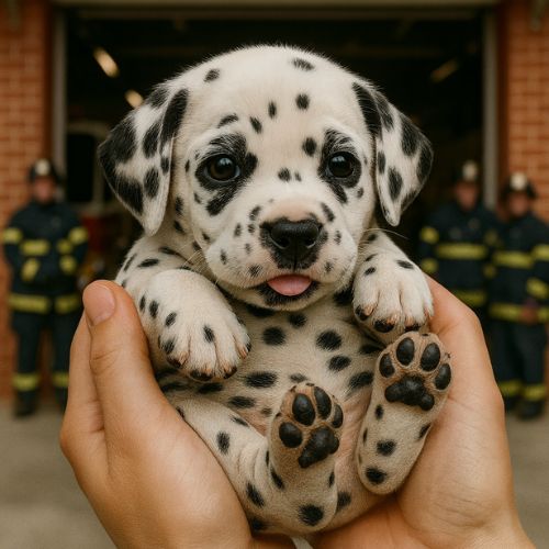 Close-up view of a lifelike electronic Dalmatian puppy being held in two hands, highlighting the realistic spotted fur texture, expressive eyes, and high-quality craftsmanship.