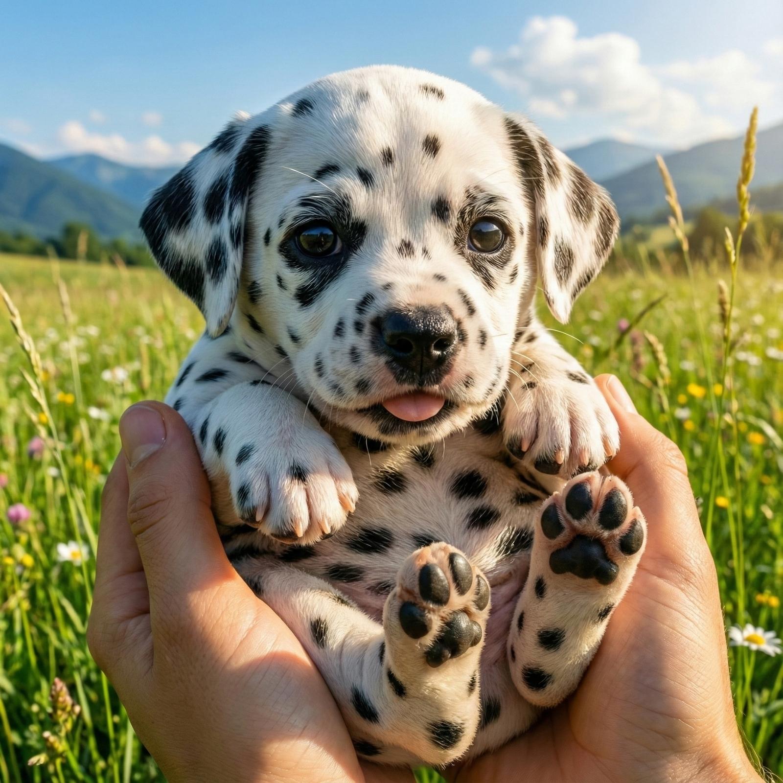 Close-up view of a lifelike electronic Dalmatian puppy being held in two hands, highlighting the realistic spotted fur texture, expressive eyes, and high-quality craftsmanship.