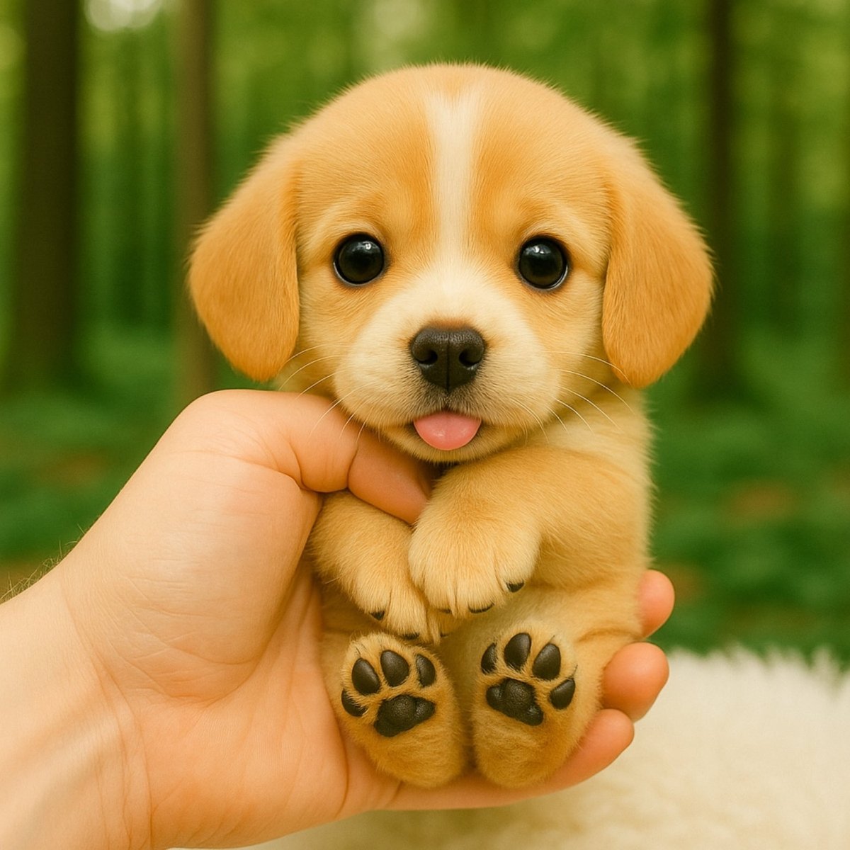 Extreme close-up of a realistic robot puppy face being held in a hand, showing detailed eyes, nose, and texture with a blurred forest background.