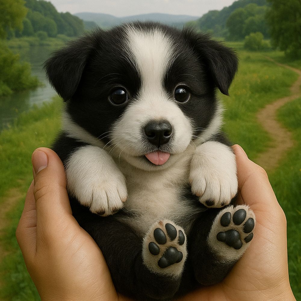 Close up of realistic robot border collie puppy toy in hands, showing lifelike glass eyes, wet-look nose, and pink tongue details.
