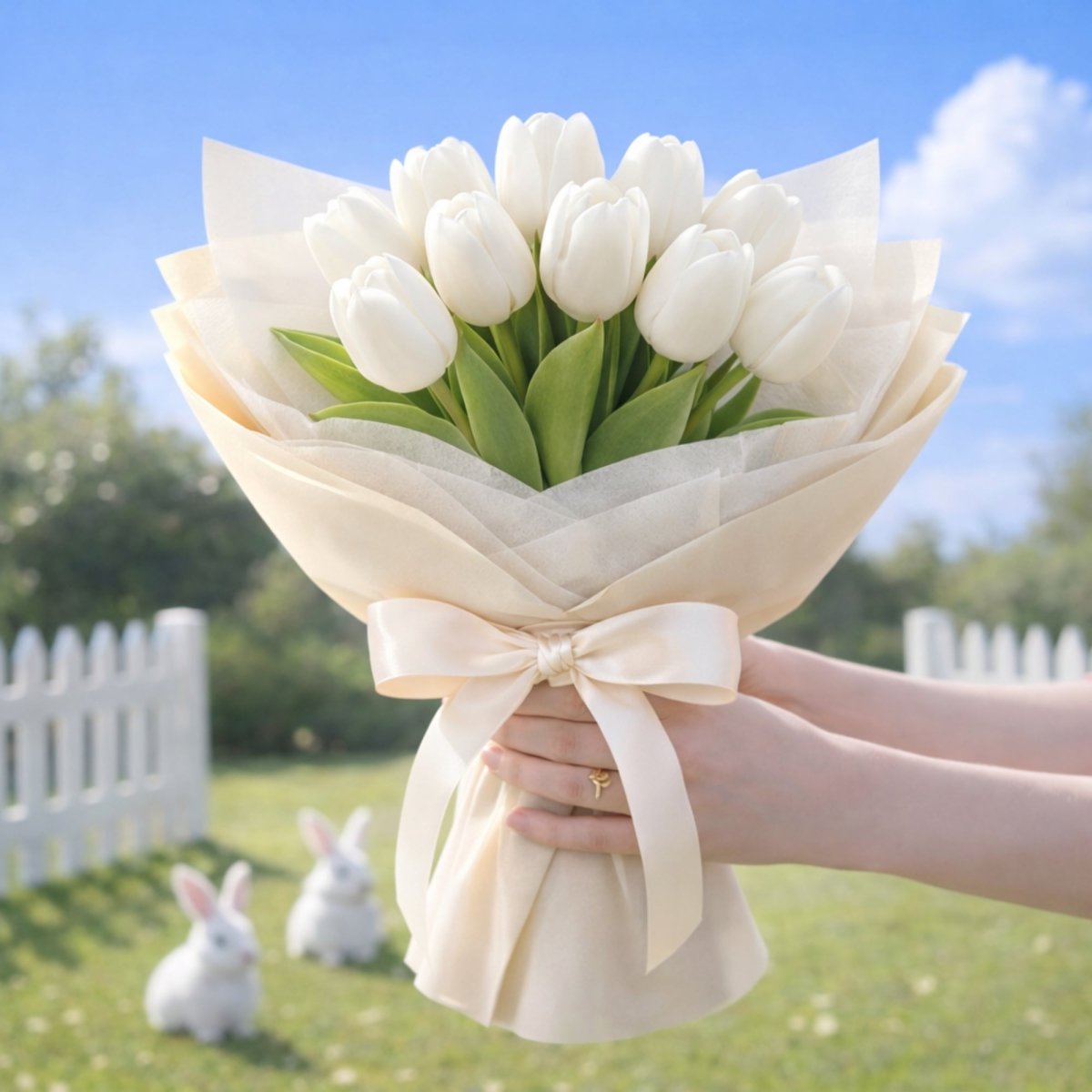 Both hands hold a large bouquet of realistic artificial white tulips, wrapped in a large cream ribbon. The garden background has decorative white rabbits on the lawn next to a picket fence.