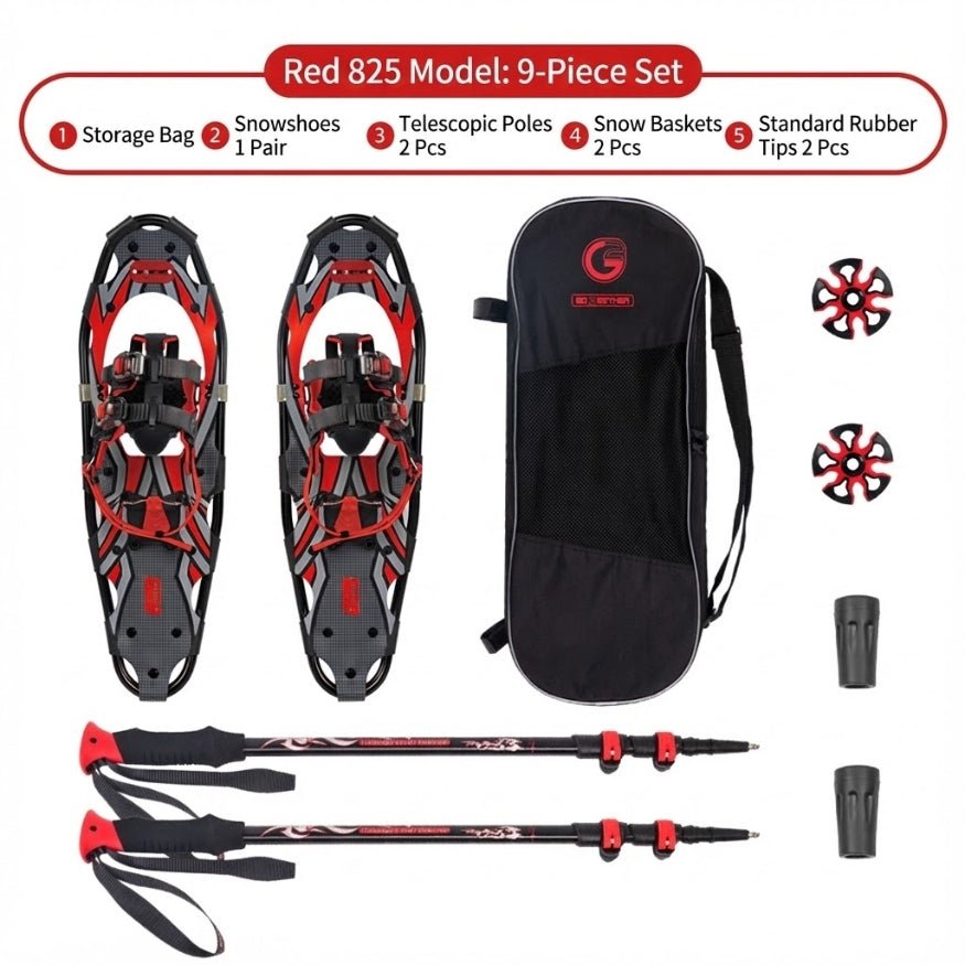 Complete 9-piece red 825 model snowshoe set including 1 pair of snowshoes, 2 telescopic poles, snow baskets, rubber tips, and a storage bag.