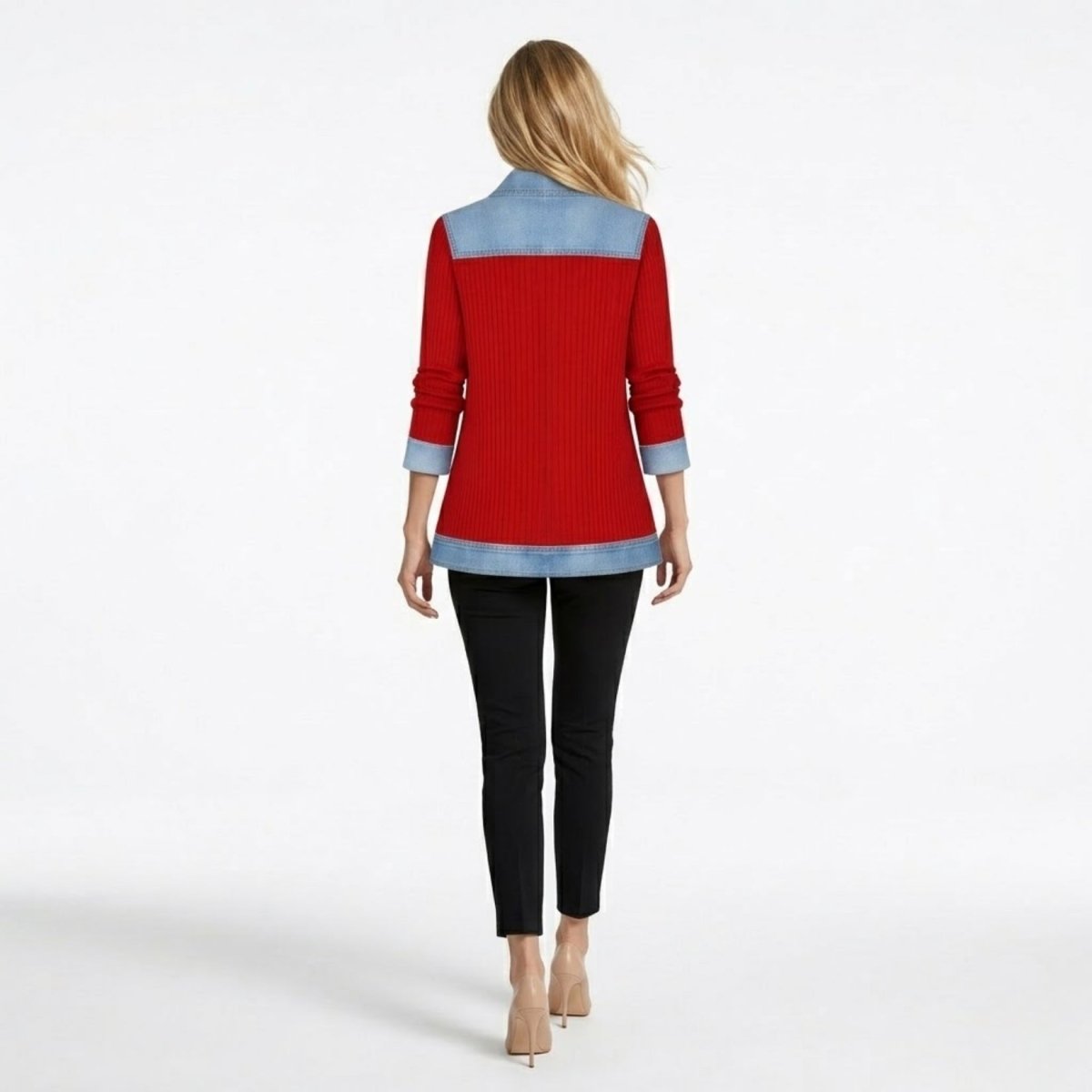 Back view of the Kouvr red ribbed knit jacket highlighting the contrast denim shoulder yoke and wide denim bottom hem.
