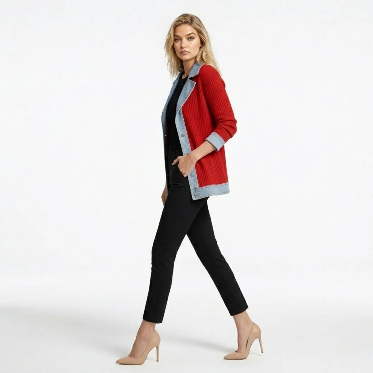 Side view of the Kouvr red hybrid sweater jacket with denim collar and cuffs, showing the relaxed tailored fit on a female model walking.