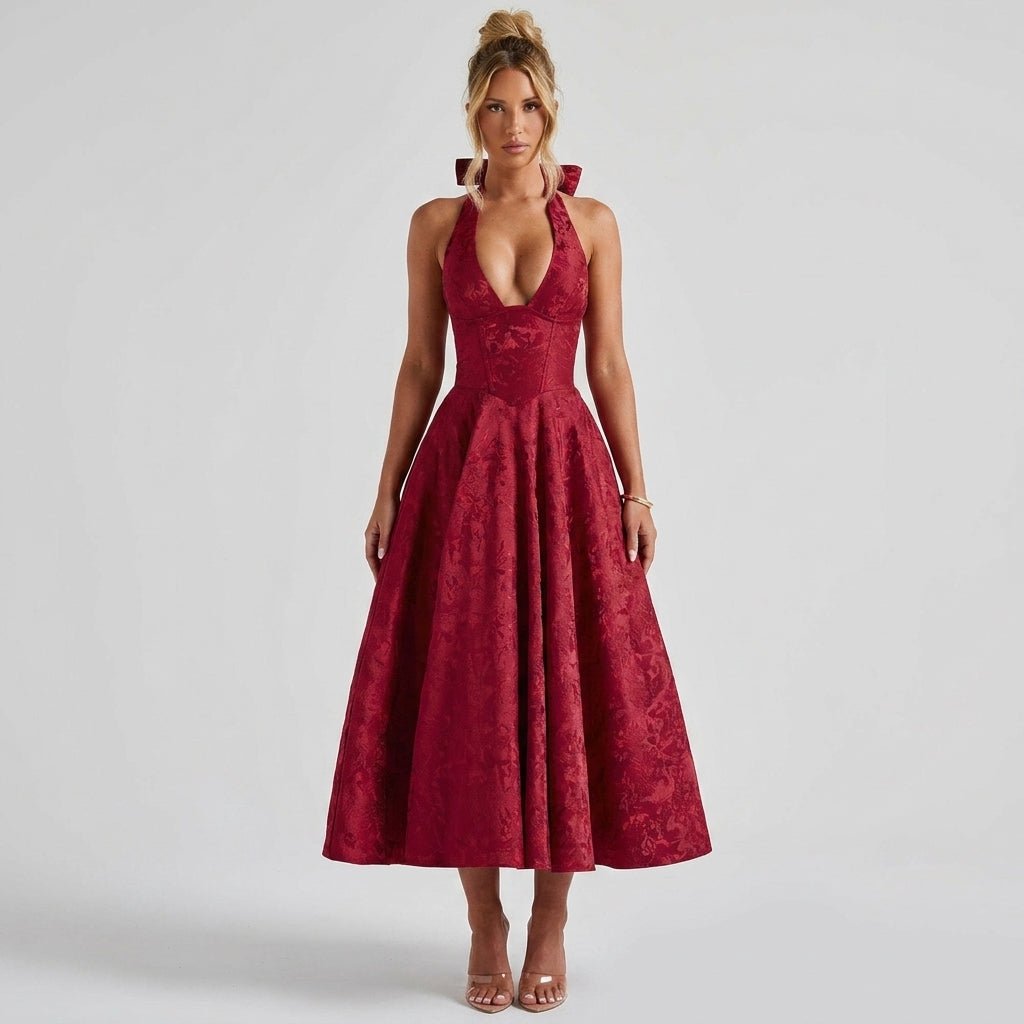 Luxury Jacquard Halter Corset Midi Dress A-Line Evening Cocktail Deep V-Neck  Bow Back Formal Wedding Guest Vintage Party Gown by Kouvr
