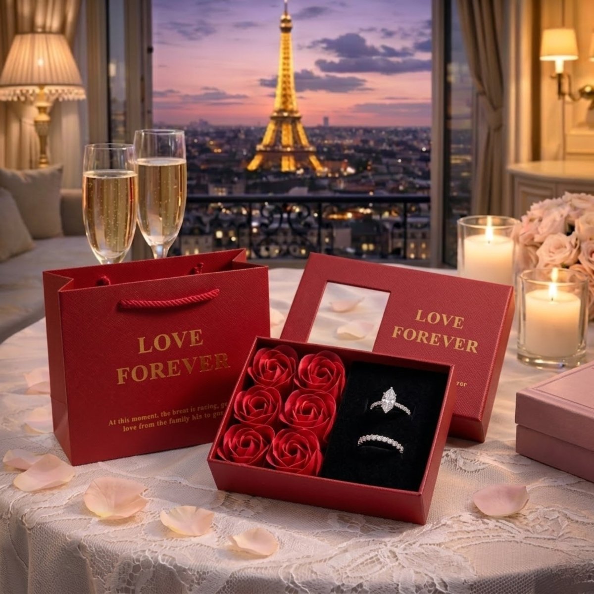 A romantic Valentine's Day surprise set on a table with a lace runner and scattered rose petals, featuring a red 'Love Forever' gift bag, an opened box with six red roses and two diamond rings (one marquee, one eternity band), two glasses of champagne, and candles overlooking the Eiffel Tower in Paris.