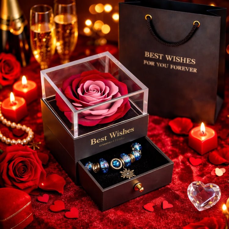 Deep red and pink bi-color preserved rose jewelry box gift for anniversaries or birthdays.