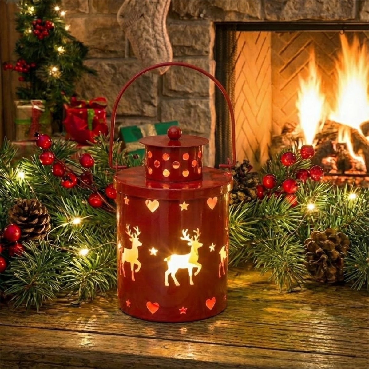 Red metal lantern with reindeer and heart design cutouts, creating a festive holiday glow on a wooden surface with pinecones.