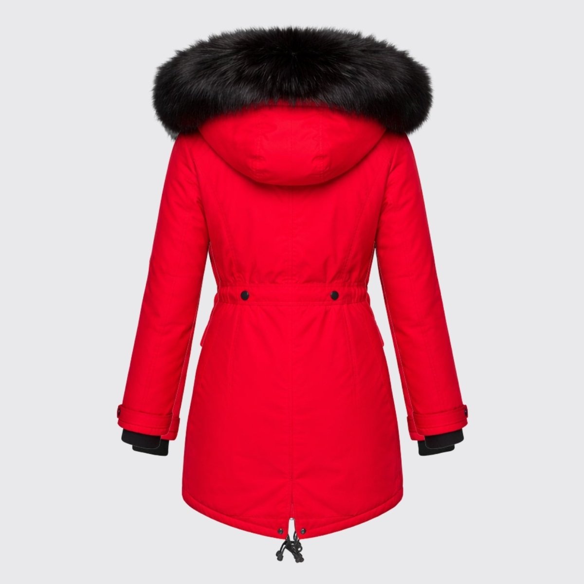 Flat lay back view of women's red winter coat showing waist cinching details