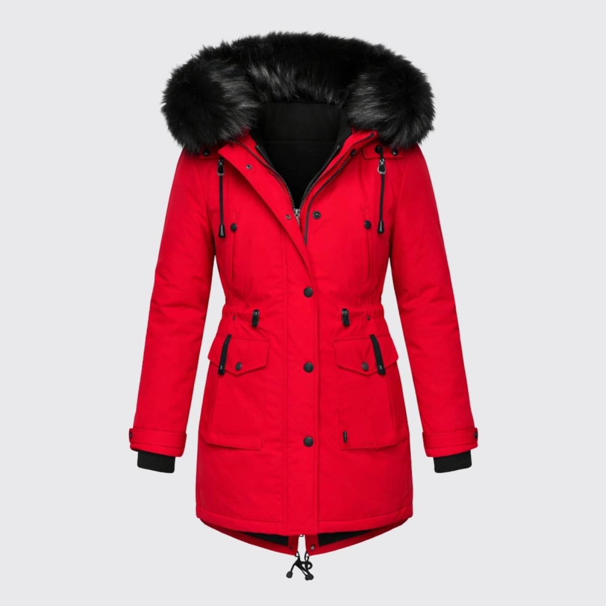 Flat lay front view of red insulated winter parka jacket with black fur hood