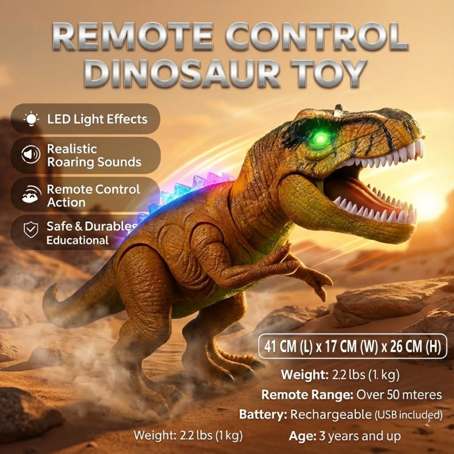 An infographic detailing the features of the remote control dinosaur toy, including LED light effects, realistic roaring sounds, remote control action, safety, dimensions (41cm L), weight, and age range.